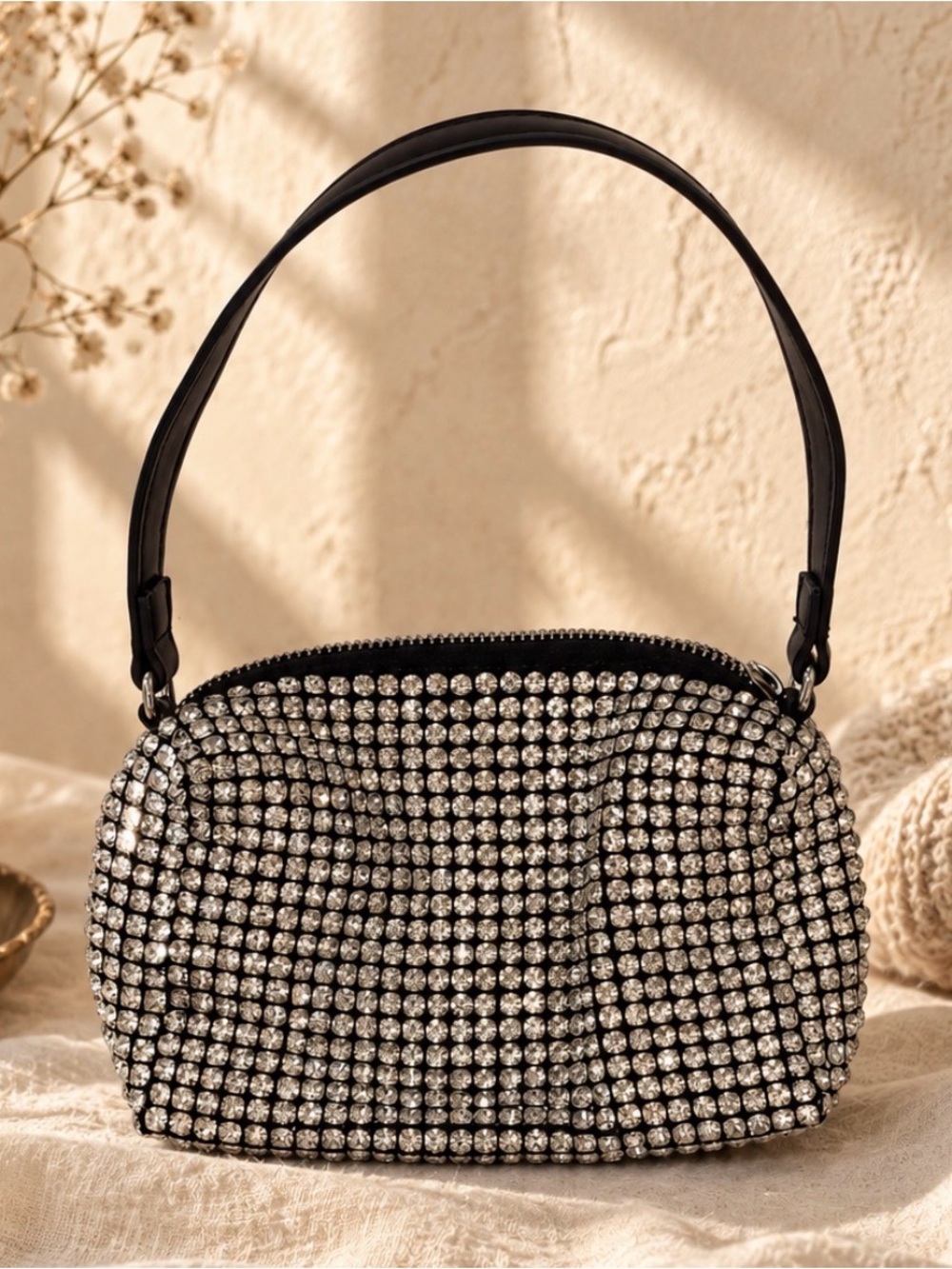 Crystal-Embellished Black Evening Mini Shoulder Bag